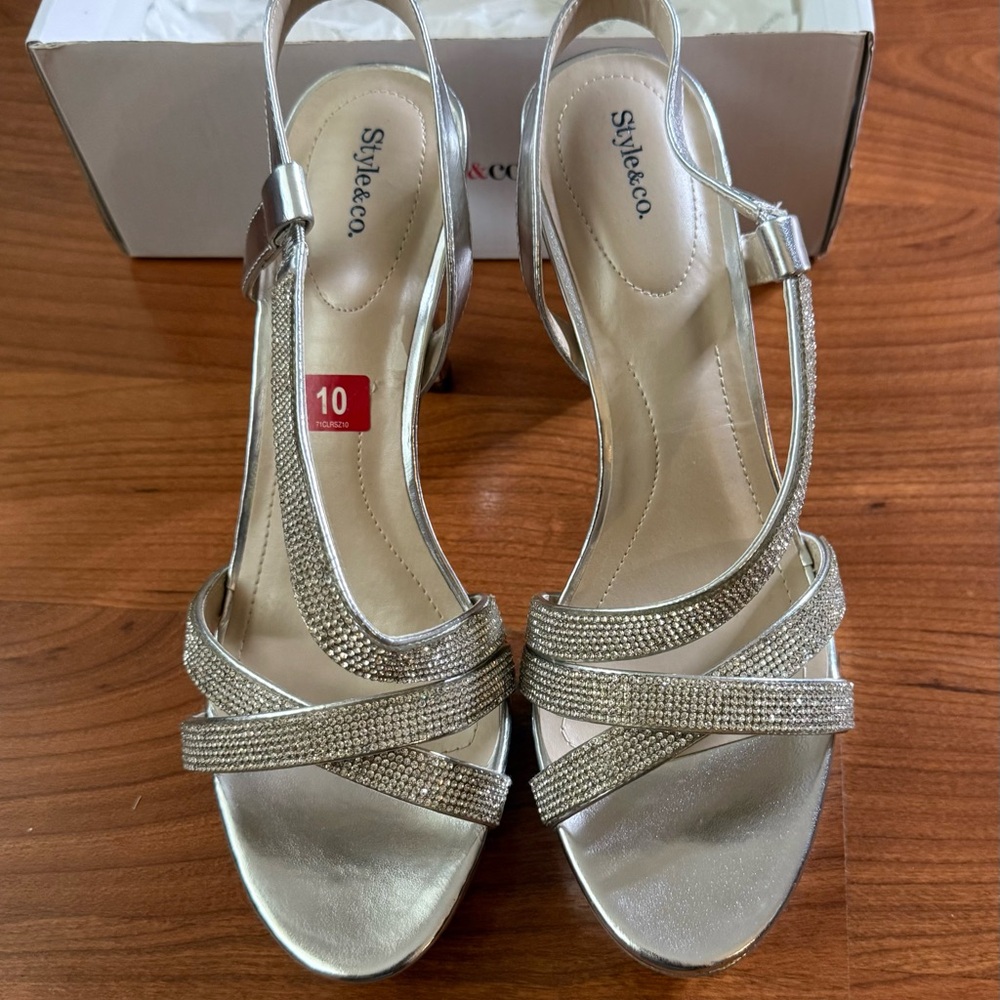 Style & Co. Silver Heels with Crisscross Straps